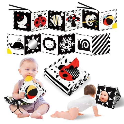 Tummy Time Toys, High Contrast Baby Book with Mirror & Teether, Black and White Infant Books, 0-6-12 Months Soft Book for Newborn, Sensory Books, Tummy Time Car Seat Toys 0-6 Month Boy Girl Gift - Image 1
