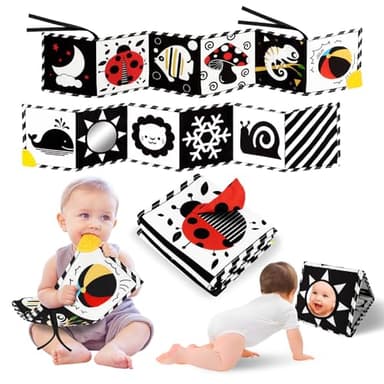 Tummy Time Toys, High Contrast Baby Book with Mirror & Teether, Black and White Infant Books, 0-6-12 Months Soft Book for Newborn, Sensory Books, Tummy Time Car Seat Toys 0-6 Month Boy Girl Gift - Image 1