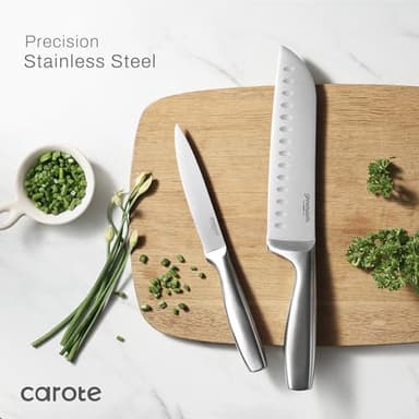 CAROTE 12 Pieces Knife Set, Stainless Steel Kitchen knife Set with Wooden Block, Block Knife Set with High Carbon Steel Blades, Razor-Sharp, Dishwasher Safe - Image 4