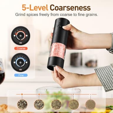 Electric Salt and Pepper Grinder Set, Rechargeable Automatic Pepper Mill Grinder with LED Light, Adjustable Coarseness shakers, One-Hand Operation for Kitchen(2 Pack, Upgrade Black+White) - Image 4