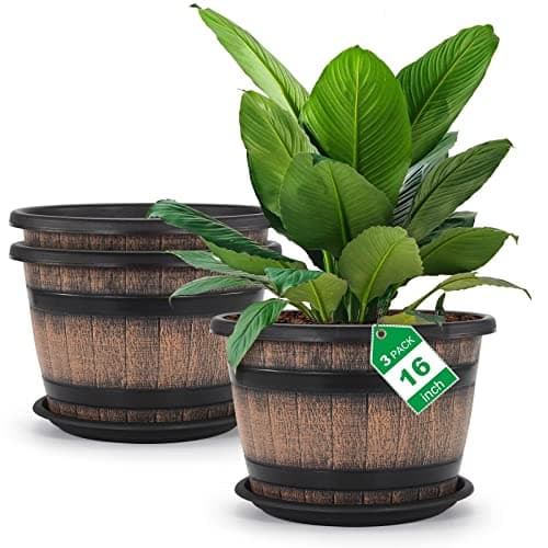 Quarut Large Plastic 3 Pack16 inch Plant Pots,Whiskey Barrel Planters with Drainage Holes & Saucer.Flower Pots Imitation Wine Barrel Design for Indoor & Outdoor Garden Balcony Plants.7 Gallons(Brown) - Image 1