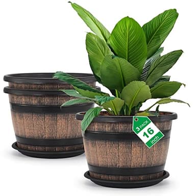 Quarut Large Plastic 3 Pack16 inch Plant Pots,Whiskey Barrel Planters with Drainage Holes & Saucer.Flower Pots Imitation Wine Barrel Design for Indoor & Outdoor Garden Balcony Plants.7 Gallons(Brown) - Image 1