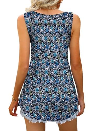 Women Tank Tops 2025 Summer Sleeveless Blouses V Neck Casual Loose Fit Flowy Shirts Blue Leaf Flower 1X - Image 3