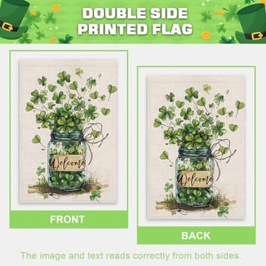 FUYUCHEN St Patricks Day Shamrocks Mason Jar House Flag 28x40 Inch Double Sided Large Burlap for Outside Green Lucky Clovers Welcome Yard Holiday Flag - Image 5
