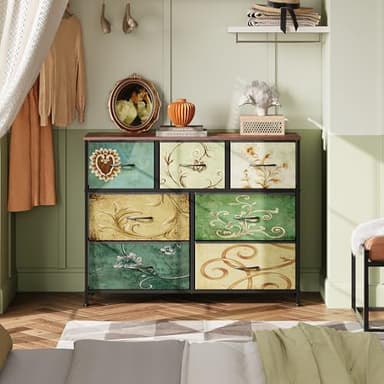 WLIVE 7 Drawer Dresser TV Stand, Entertainment Center, Media Console Table with Metal Frame and Wood Top for TV up to 45 inch, Chest of Drawers for Bedroom, Living Room, Floral Painted - Image 8
