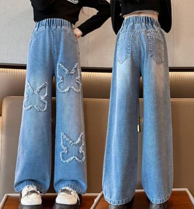 NABER Kids Girls Lovely Butterfly Wide Leg Jeans Washed Denim Pants Baggy Jeans Age 5-14(Blue14,13-14 Years) - Image 6