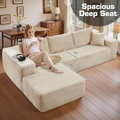 106" Cloud Sectional Couch with Chaise Lounge,L Shaped Modular Modern Sofa,Comfy Corduroy Fluffy Couches with Deep Seat,No Assembly Required Couch for Living Room(Left,Plush Corduroy,Beige) - Image 6