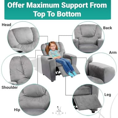 Naomi Home Suri Kids Recliner Chair with Cup Holder & Footrest, Gray Microfiber - Cozy Lounge for Toddlers & Children - Image 7