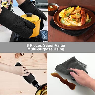 KEGOUU Oven Mitts and Pot Holders 6pcs Set, Kitchen Oven Glove High Heat Resistant 500 Degree Extra Long Oven Mitts and Potholder with Non-Slip Silicone Surface for Cooking (Black) - Image 7