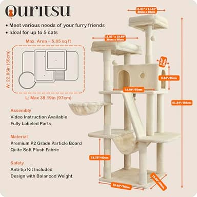 Ouritsu Cat Tree, 61 inch Tall Cat Tower for Large Cat Indoor, Enlarged Condo, 2 Padded Perches with 1 Widened, Large Hammock, Scratching Post and ramp, Fluffy Basket, Beige, LF002WH - Image 6