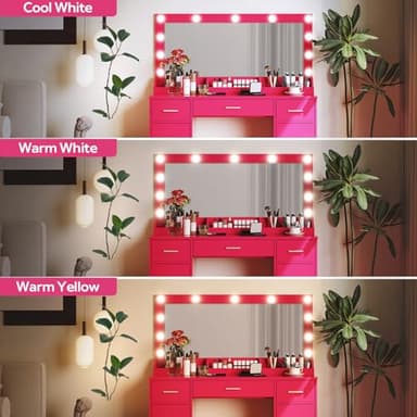 MIRROTOWEL 47.5” Vanity Desk with Large Mirror, 3 Colour Lighting Modes, Adjustable Brightness, Dresser with 3 Drawers & 2 Vertical Cabinets, Makeup Vanity Table for Women Girls - Image 5
