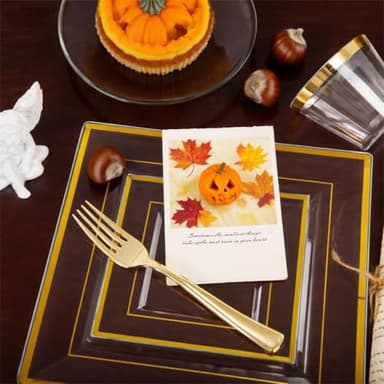 Festiva 350Pcs Clear Plastic Plates with Gold rim - Clear Gold Disposable Dinnerware for 50 Guests include 100 Square Plastic Plates 50Cups 50Cutlery 50Napkins Perfect for Thanksgiving Party&Wedding - Image 8