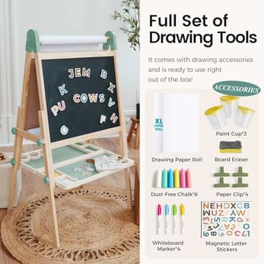 Tiny Land Easel for Kids, Double-Sided Magnetic Easel with Drawing Accessories, Adjustable Wooden Kids Art Easel with Paper Roll, Learning-Toy for 3,4,5,6,7,8 Years Old Boy & Girls Green - Image 2
