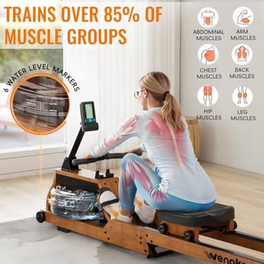 WENOKER Water Rowing Machine for Home Use, Wooden Foldable Rower Machine with Adjustable Monitor & Bluetooth APP, Large Water Tank & Comfortable Seat for Immersive Water Rower, 350LBS Weight Capacity - Image 5