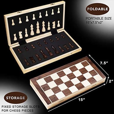 AMEROUS 15 Inches Magnetic Wooden Chess Set - 2 Extra Queens - Folding Board - Pieces Storage Slots, Handmade Portable Travel Chess Game - Beginner Chess Set for Kids, 6 up Age - Image 2