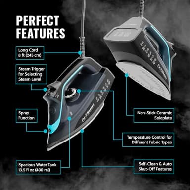Pursteam SteamBurst+ 1750W Steam Iron, Ceramic Soleplate, Adjustable Steam, Burst of Steam, Self-Clean, Anti-Calc, Anti-Drip, Powerful & Long-Lasting Steam for All Fabrics - Image 6