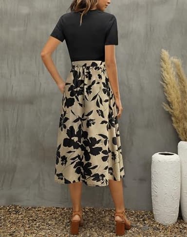 Zattcas Women 2025 Summer Dress Short Sleeve Ribbed Teacher Church Modest Business Casual Work Outfits Midi Dress with Pockets Blacktaupe XS - Image 3