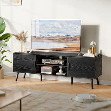 SUPERJARE TV Stand for 55 Inch TV, Entertainment Center with Adjustable Shelf, 2 Cabinets, TV Console Table, Media Console, Solid Wood Feet, Cord Holes, for Living Room, Bedroom, Black - Image 2