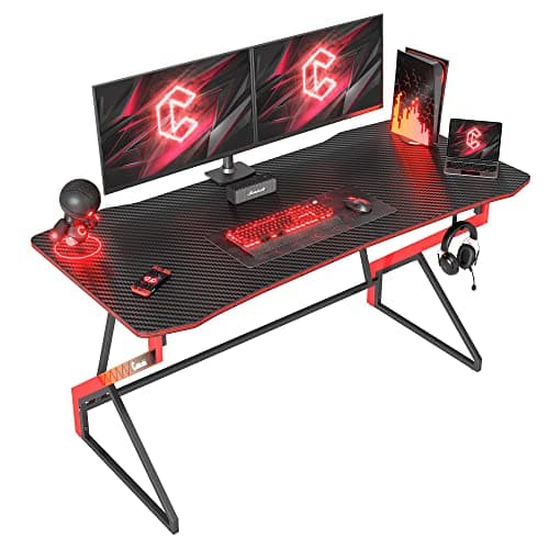 CubiCubi Gaming Desk Z Shaped 47 inch Gamer Workstation, Home Small Computer Carbon Fiber Surface Gaming Desk PC Table with Headphone Hook, Dark Black - Image 1