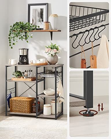 VASAGLE ALINRU Kitchen Baker’s Rack, Coffee Bar, Microwave Oven Stand, with Steel Frame, Wire Basket, 6 Hooks, for Mini Oven, Spices Utensils, Industrial, Greige and Black UKKS090B02 - Image 9