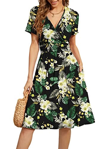 WEACZZY Women Summer Casual Short Sleeve Dresses V-Neck Floral Sundress with Pockets,Floral Green Leaf,S - Image 1