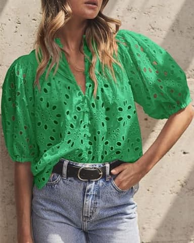 PRETTYGARDEN Women's Summer Tops 2025 Dressy Casual Short Sleeve V Neck Buttons Hollow Out Lace Embroidered Blouses Shirts (Green,Medium) - Image 5