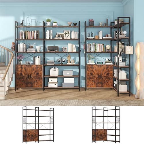 Nosepen 6 Tire Large L Shaped Bookshelf & Corner Bookcase with Storage Cabinet and 2 Barn Doors and 10 Storage Shelves, 71.3" Tall Farmhouse Etagere L Shaped Book-Shelf with Metal Frame(Brown) - Image 1