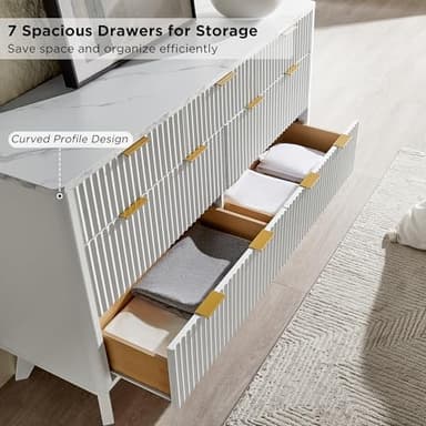 T4TREAM Fluted 7 Drawers Dresser, 54" Wide Modern Chest of Drawers with Faux Marble Top, Curved Profile Design, Dresser TV Stand, Wood Drawer Organizer for Bedroom, Living Room, Hallway, Solid White - Image 5