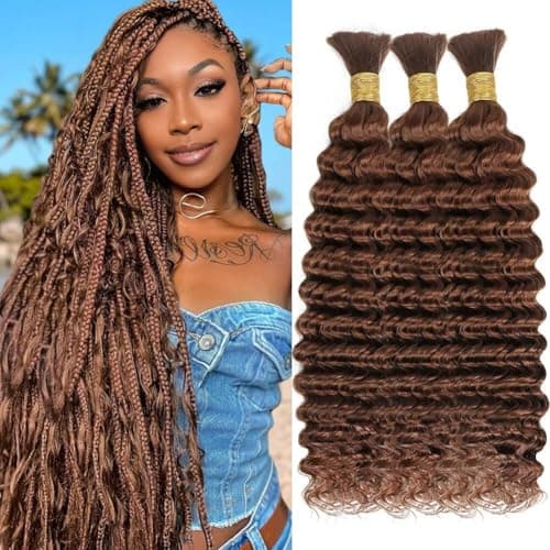 Human Braiding Hair for Boho Braids 150g 18 Inch Auburn Brown Curly Boho Hair for Braiding Knotless 12A Deep Wave Bulk Bohemian 3 Bundles/Pack Color 30