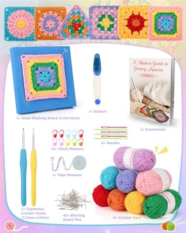 Coopay Crochet Kit Beginners for 6 Types Granny Squares, Starter Knitting Kit with Instructions & 8PCS Yarn, Crochet Start Kit for Adults Learn to Crochet Granny Square Coasters, Table Runners, ect - Image 6