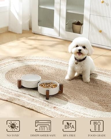 MALACASA Dog Bowl Set with Walnut Wood Stand, 1.5 Cups Ceramic Pet Bowls for Puppy Dogs, Dual Food and Water Bowls with Weighted Non-Slip Base, Basic Bowls for Your Dog or Cat, Rhombic & Polka Dots - Image 4