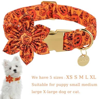UP URARA PUP Halloween Dog Collar with Flower, Pumpkin Cotton Flower Collar for Puppy Girl Dog, Halloween Flower Collar with Durable Metal Buckle, Adorable Halloween Pet Collar, M - Image 2