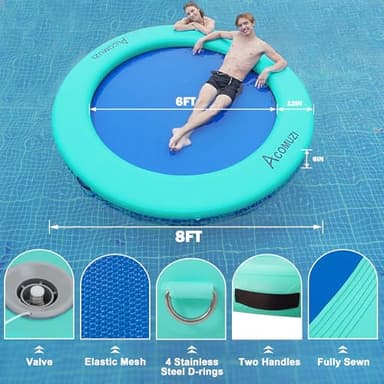 ACOMUZI 8FT Water Hammock Inflatable Floating Dock, Round Floating Ring Lake Floats for Adults, Heavy Duty Pool Float Raft for Ocean and Lake, Mint Green Blue - Image 4