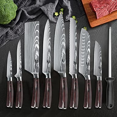 Dfito Chef Knife Sets with Roll Bag, 9 Pieces Professional Knife Set, High Carbon Stainless Steel Kitchen Chef Knife Set, Red Pakkawood Handle, Dishwasher Safe - Image 8