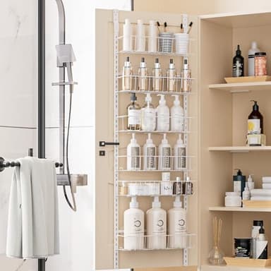 Delamu Adjustable Cabinet Door Organizer, 6-Tier Hanging Spice Rack Organizer, Metal Over the Door Pantry Organizer, Pantry Organizers and Storage Shelves for Kitchen Bathroom Laundry Room, White M - Image 8