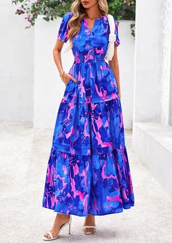 PRETTYGARDEN Women's 2025 Summer Boho Maxi Dresses Floral Short Sleeve V Neck A Line Tiered Flowy Long Beach Vacation Dress (Royal Blue,X-Large) - Image 6