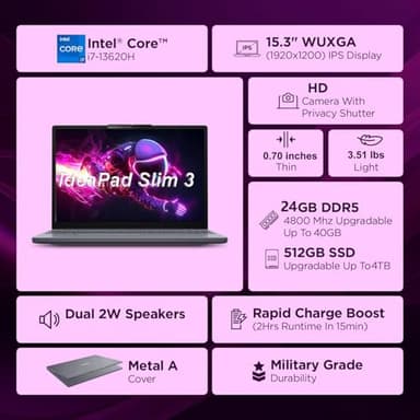 Lenovo 15" Laptop Computer, IdeaPad Slim 3 for Business & Home, Intel 10-Core i7-13620H (Beat Ultra 7 255U), 16GB DDR5 RAM, 512 PCIe SSD, FHD+, WiFi 6, Bluetooth 5.2, Type-C, Luna Grey, Windows 11 Pro - Image 2