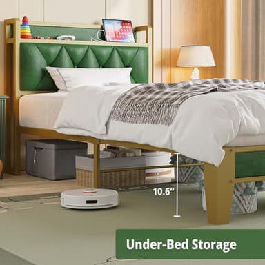 ANCTOR Twin Bed Frames, Storage Headboard with Outlets, Easy to Install, Sturdy and Stable, No Noise, No Box Springs Needed, Emerald - Image 6