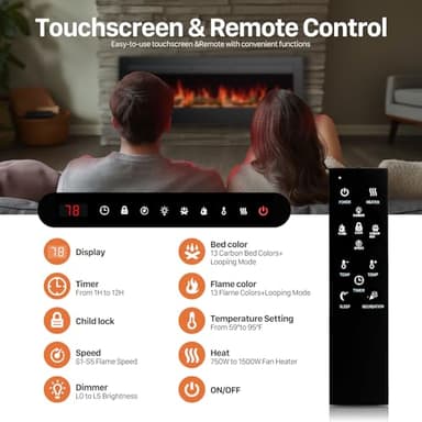 Sweetcrispy 60" Electric Fireplace Wall Mounted or Recessed Insert, 1500W/750W Freestanding Fireplaces Heater with Remote Control,13 Adjustable Flame Color, 12H Timer, Touch Screen - Image 3