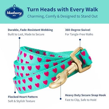 Blueberry Pet Valentine's Day Dog Leash, Velvety Soft-Touch Heart Flocking Lead for Small Dogs, Minty Green, 5 ft x 5/8" - Image 2