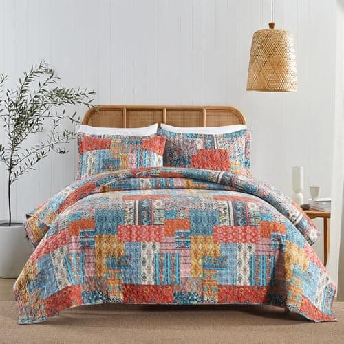 ENASAL Cotton Bedspread Quilt Bedding Sets Reversible Coverlet Comforters Vintage Bohemian Patchwork Pattern Bedspread for All Season, Queen Size