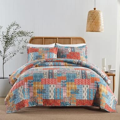 ENASAL Cotton Bedspread Quilt Bedding Sets Reversible Coverlet Comforters Vintage Bohemian Patchwork Pattern Bedspread for All Season, Queen Size