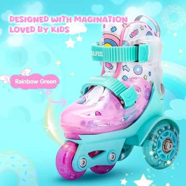 SULIFEEL Adjustable Roller Skates for Girls Boys Kids,Fun Illuminating Light Up Flash Wheels Three-Point Type Balance Suitable for Beginners Indoor Roller Skating Green & Pink Size Small - Image 2