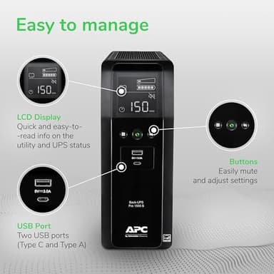 APC UPS 1500VA Sine Wave UPS Battery Backup, BR1500MS2 Backup Battery Power Supply, AVR, 10 Outlets, (2) USB Charger Ports - Image 6