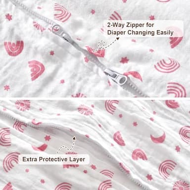 PHF 100% Muslin Cotton Baby Sleep Sacks, 12-18 Months Sleep Sack with 2-Way Zipper, 2 Pack Cooling 0.5 TOG Breathable Large Size Sleeveless Baby Wearable Blanket for Baby Girl, Rainbow - Image 5