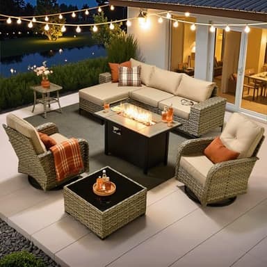 ovios 9 Pieces Patio Furniture Set Outdoor Sectional Sofa Couch with Fire Pit Table Rocking Swivel Chairs Deep Seat Chaise, Modern Modular Wicker Rattan Conversation Set, Beige - Image 3