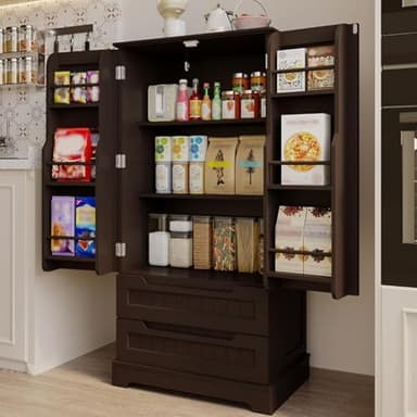 Gizoon Kitchen Pantry Storage Cabinet with Drawers Freestanding Bathroom Storage Cabinets with Doors and Shelves, 47" Small Wooden Food Pantry Cabinet for Dining Room Craft Room, Dark Brown - Image 2