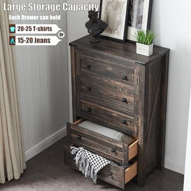 T4TREAM Farmhouse 5 Drawers Dresser Chests for Bedroom, Wood Rustic Tall Chest of Drawers, Dressers Organizer for Bedroom, Living Room, Hallway, Dark Rustic Oak - Image 3