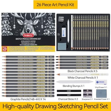 PANDAFLY 26-Piece Professional Sketch Pencil Set - Includes 4H to 14B Graphite Pencils, Charcoal Pencils, Charcoal Sticks, Vinyl Eraser, Kneaded Eraser, Sharpener, Blending Stump - Image 2