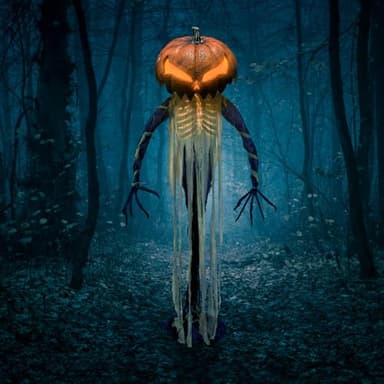 Haunted Hill Farm Pumpkin Sentinel by Tekky, Battery-Operated, Motion and Sound Activated Animatronic with Sound Effects and Lights for Indoor or Covered Outdoor Creepy Halloween Decoration - Image 2